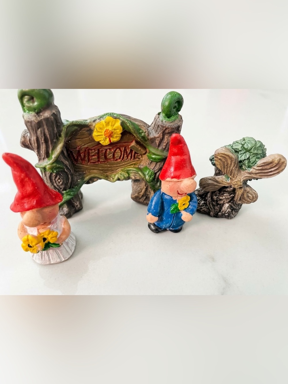Miniature Fairy Garden Gnome Couple Welcome Sign Windmill Set 4pc Landscape